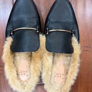 a new day Black Faux Leather Fur-Lined Loafers with Gold Accent